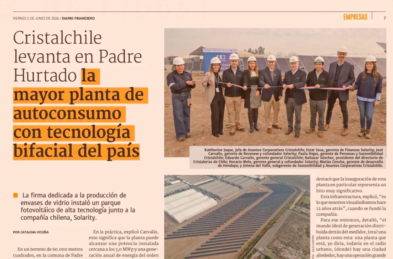 Prensa: Solarity y Cristalchile levantan la mayor planta de autoconsumo con tecnología bifacial del país